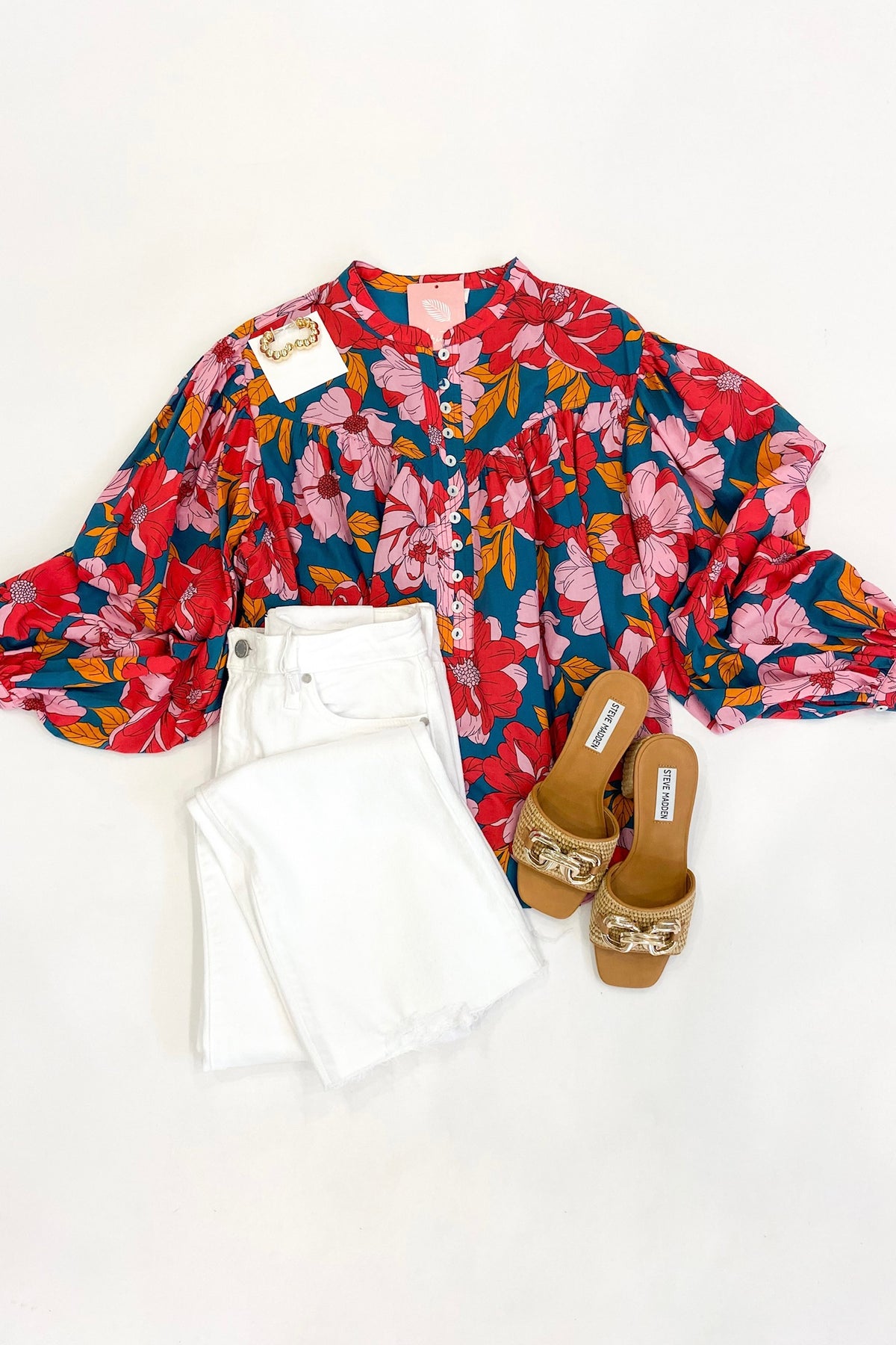 Red Teal Floral Blouse