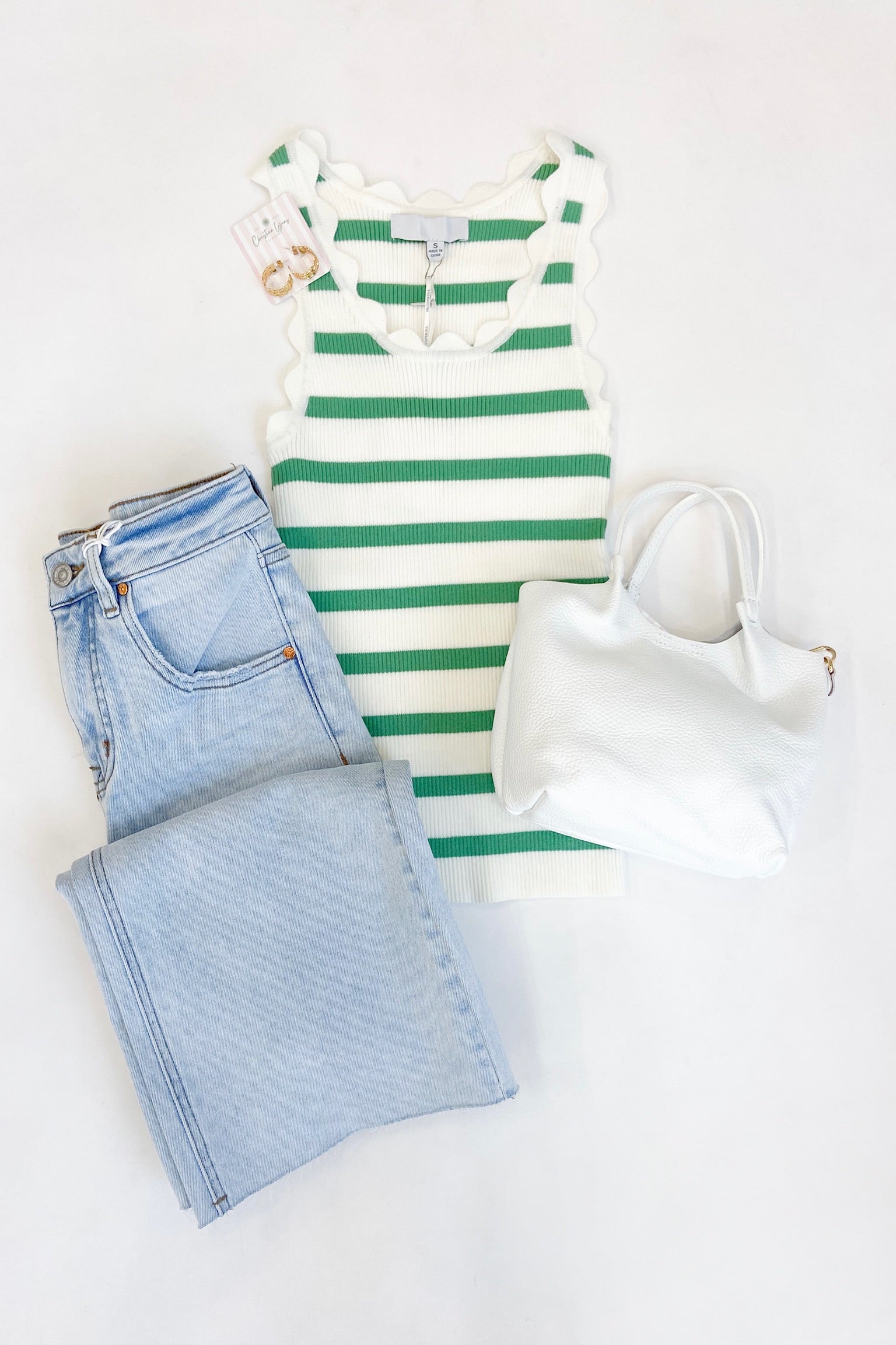 Shay Scallop Tank Green Stripe