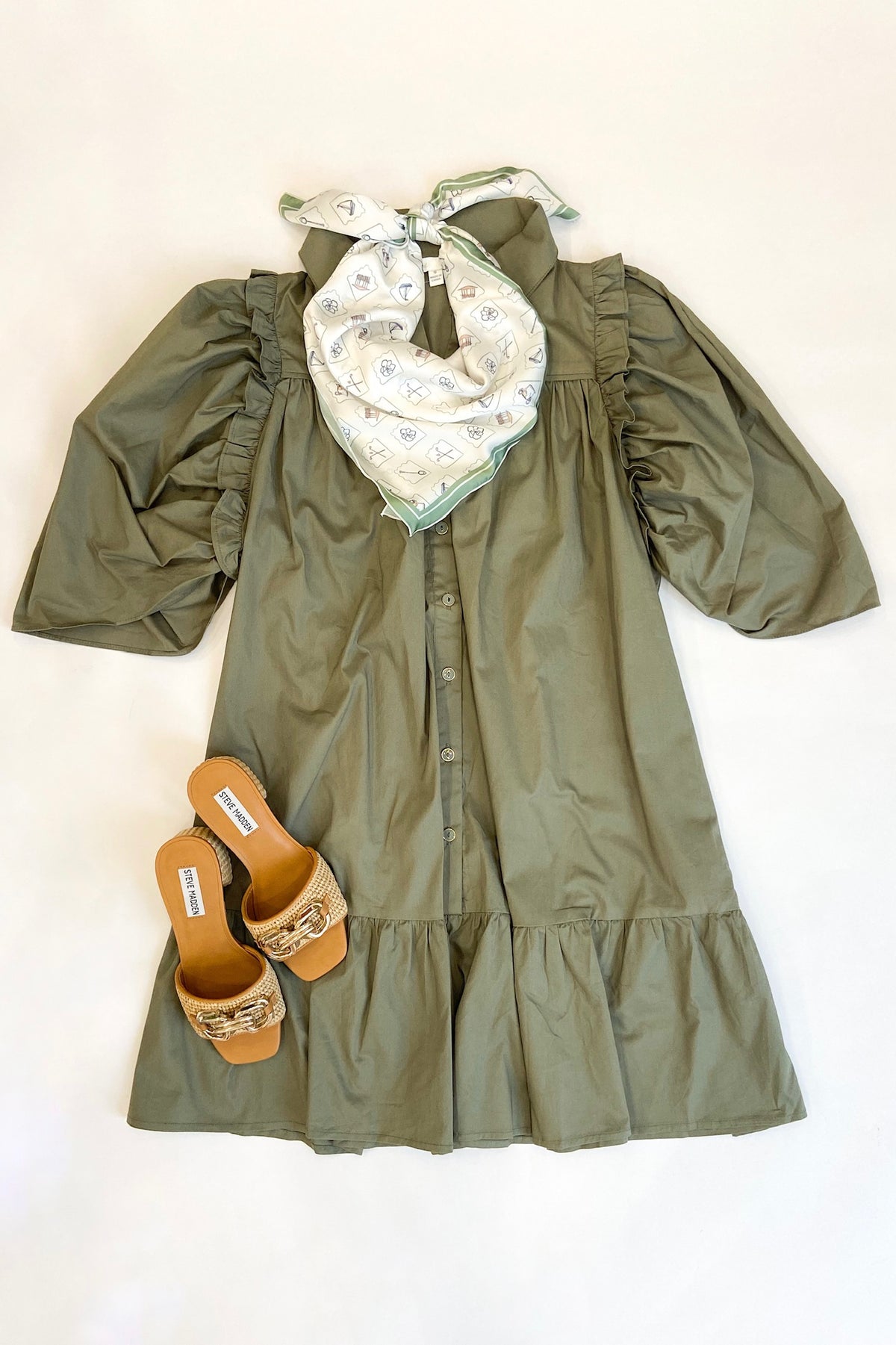 Olive Poplin Puff Sleeve Dress