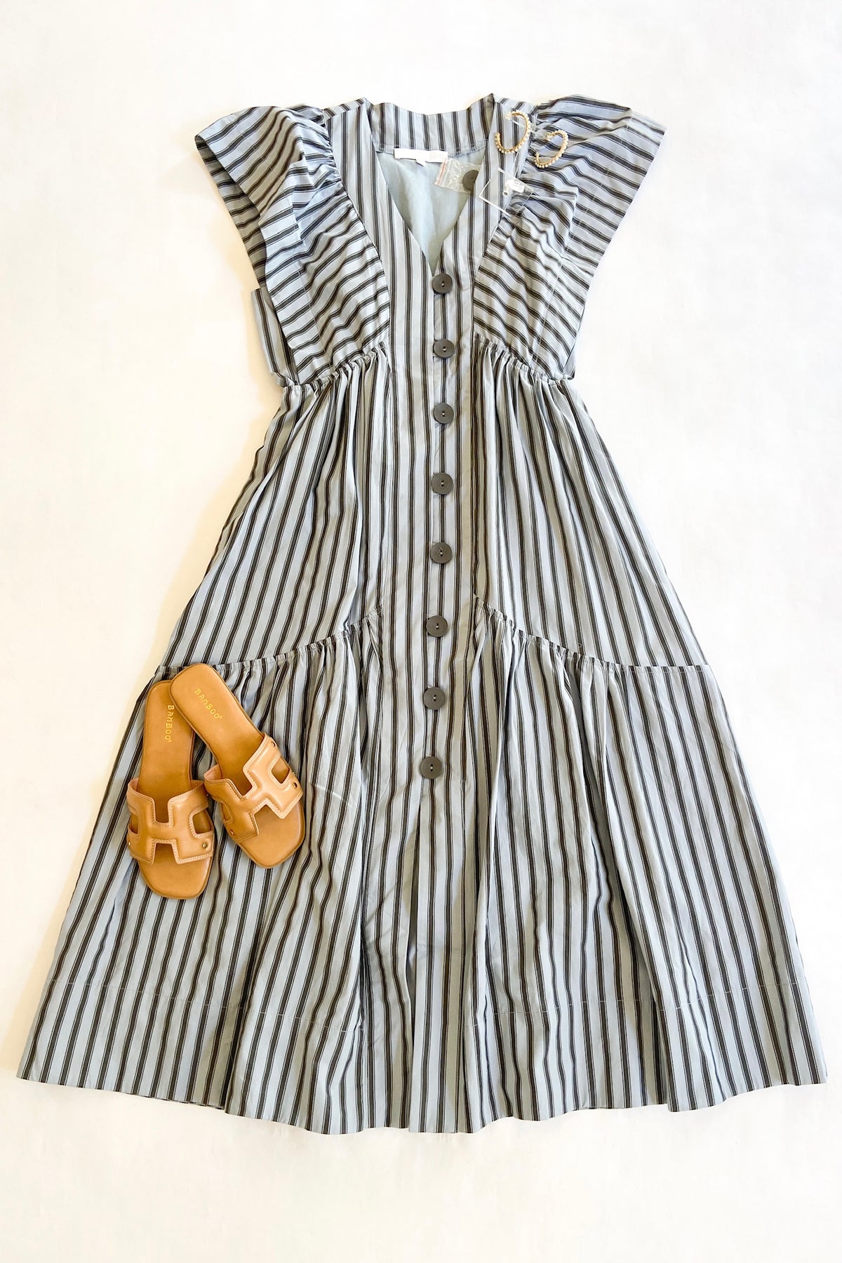 Minty Grey Stripe Midi Dress