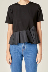 Mixed Media Ruffle Top Black