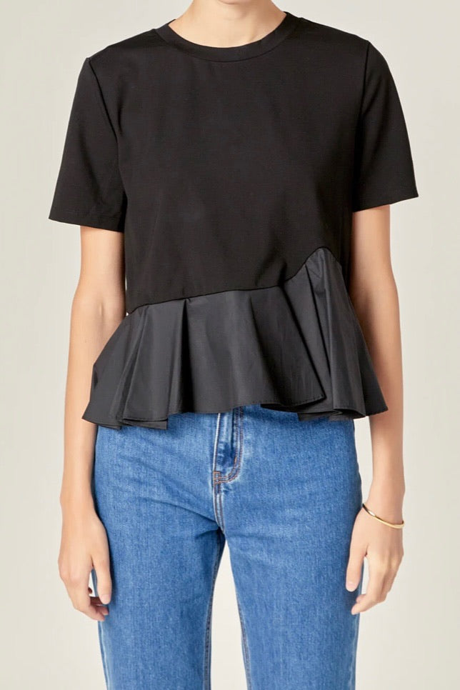 Mixed Media Ruffle Top Black