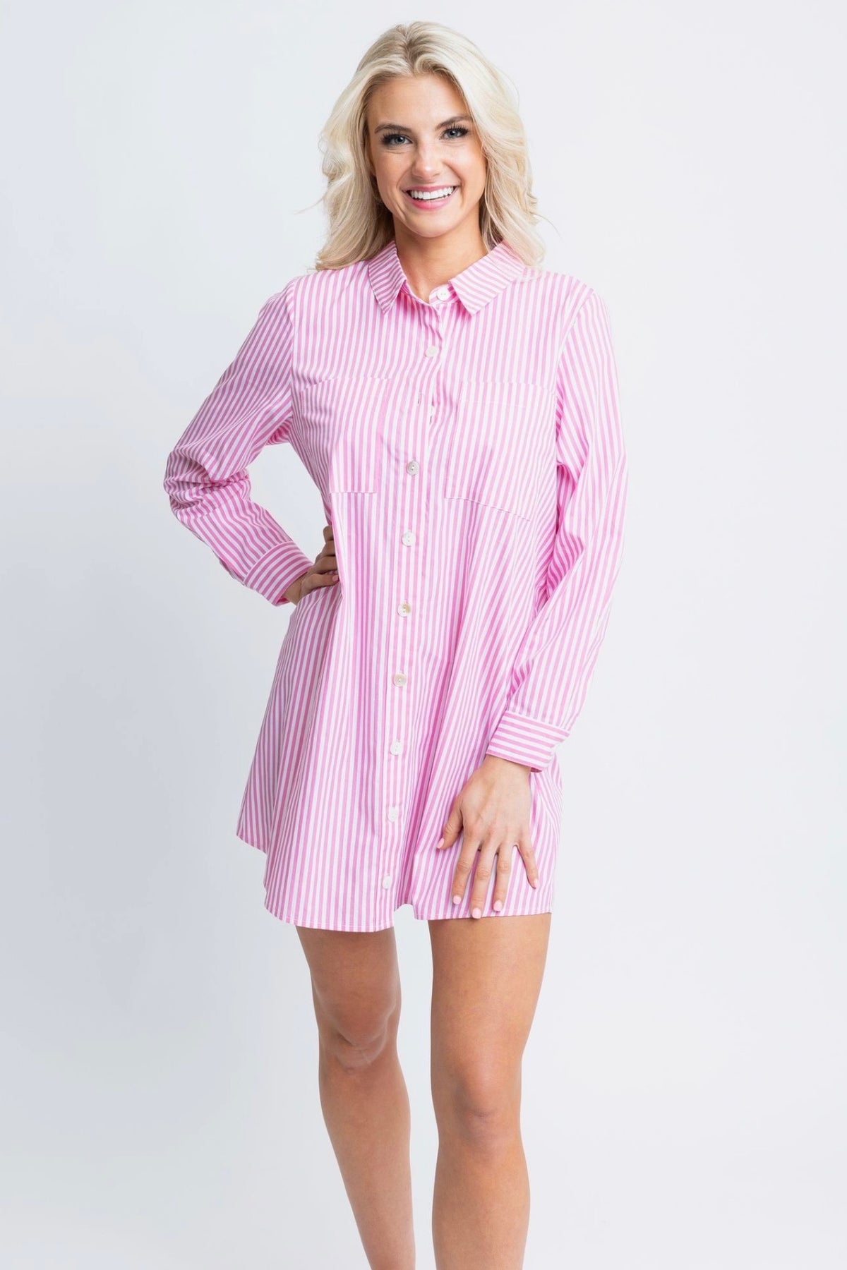 Pink Stripe Poplin Shirt Dress