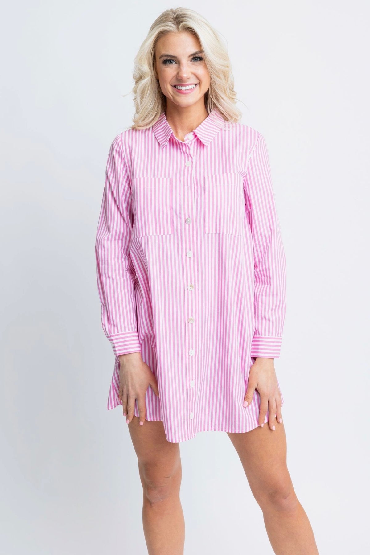 Pink Stripe Poplin Shirt Dress