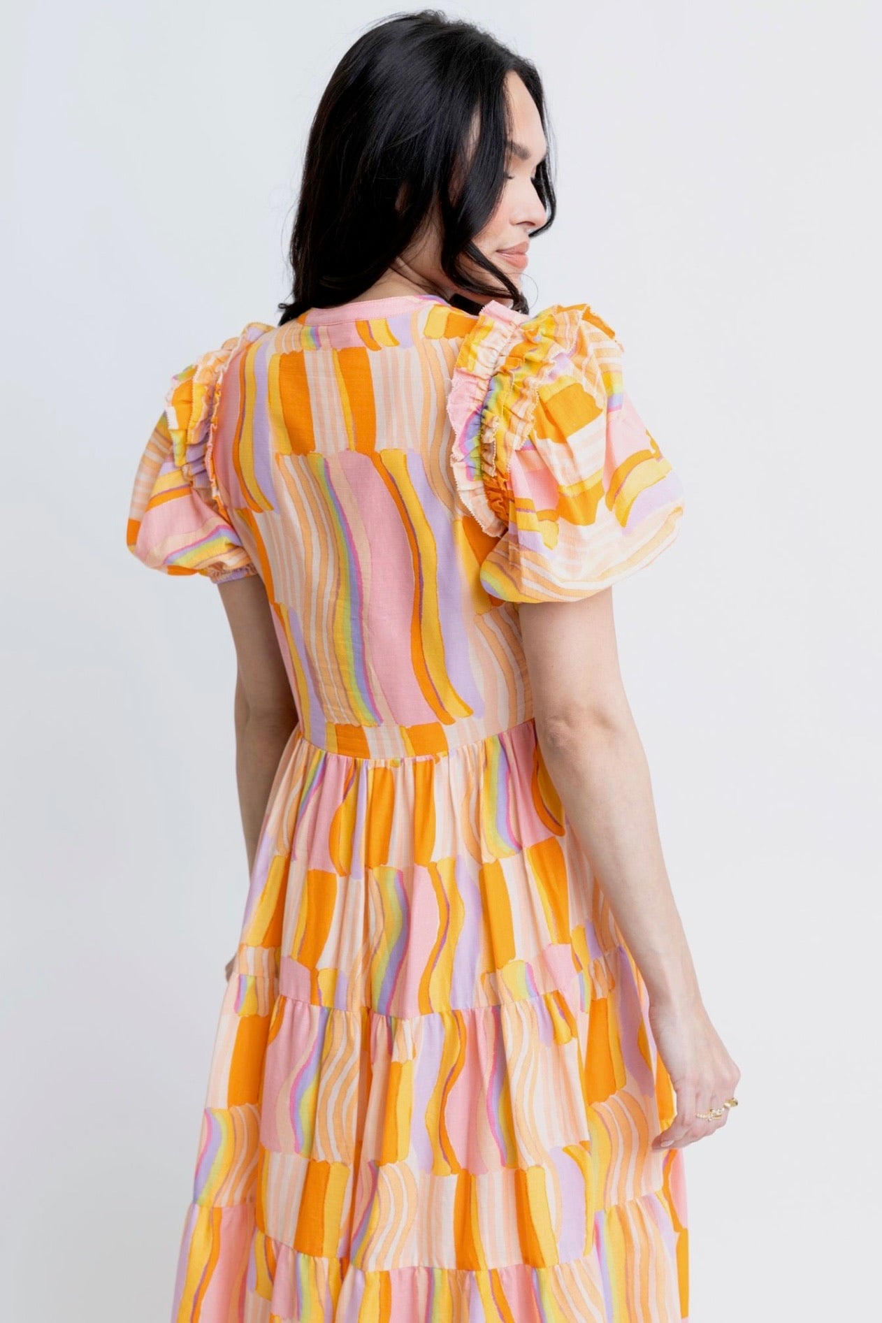 Multi Stripe Ruffle Midi Dress