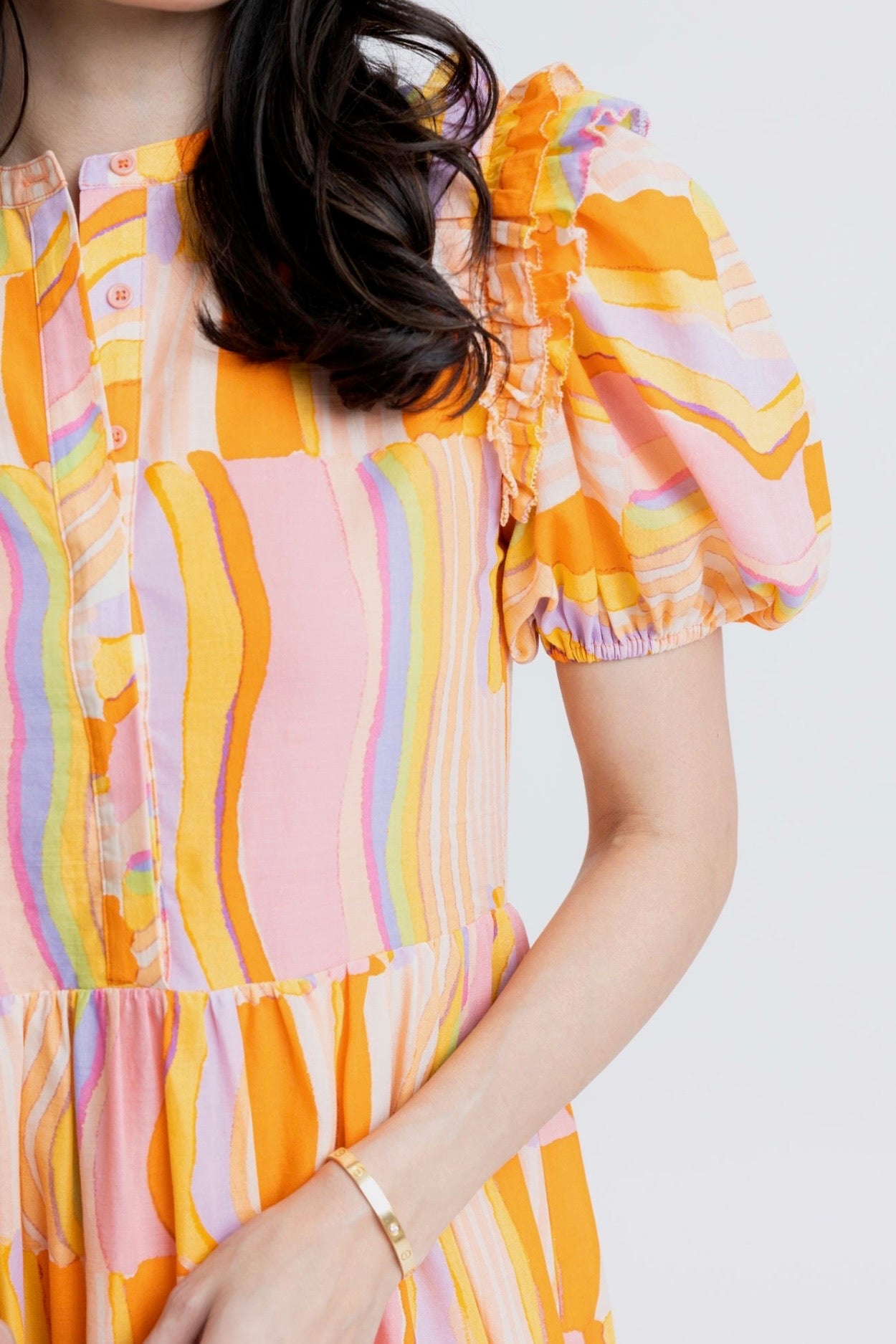 Multi Stripe Ruffle Midi Dress